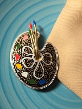 Damascene Jewelry Artist Palette Brooch with Paintbrush Accents